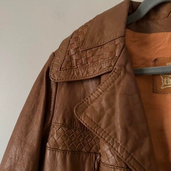 Vintage 70s Cognac Leather Trench Coat Woven Braided - Picture 5 of 11